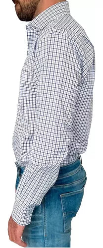 Camisa Nautica Manga Larga Cuadros Blancos Azul
