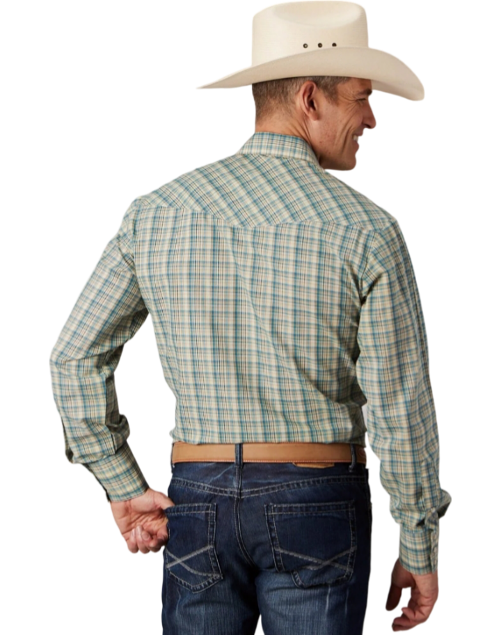 Camisa Roper 2075, de mezcla de algodón a cuadros color crema y verde azulado