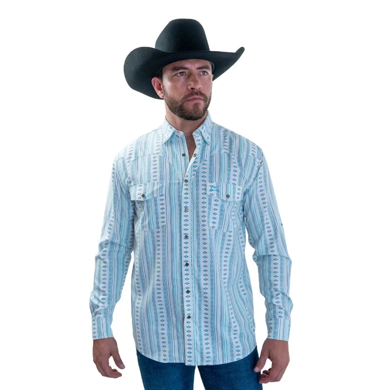Camisa Denver Caballero Manga Larga Fishing Estampado Rombos Azul y Turquesa