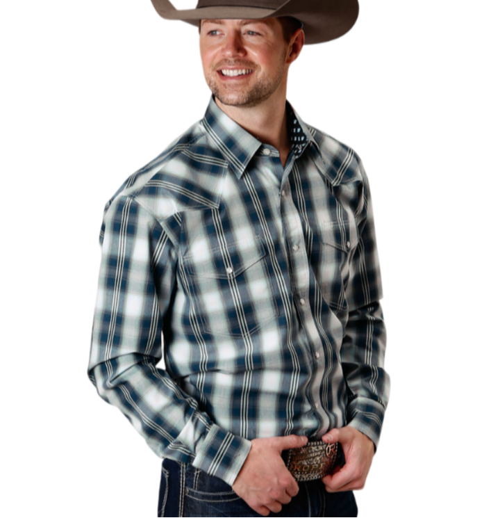 Camisa Roper Manga Larga con Broche Azul a Cuadros del Oeste