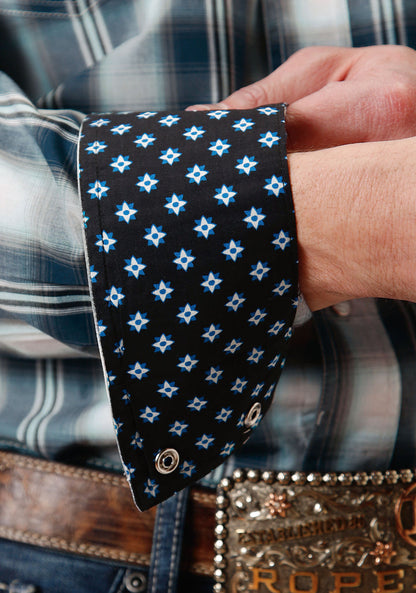 Camisa Roper Manga Larga con Broche Azul a Cuadros del Oeste