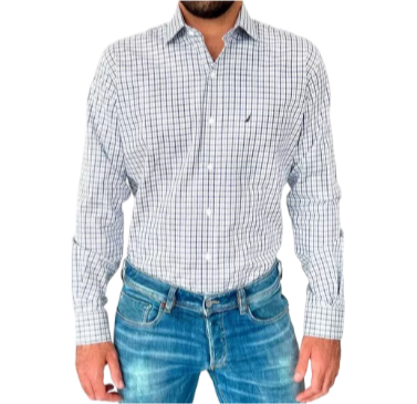Camisa Nautica Manga Larga Cuadros Blancos Azul