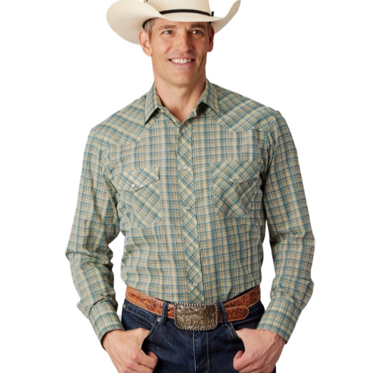 Camisa Roper 2075, de mezcla de algodón a cuadros color crema y verde azulado