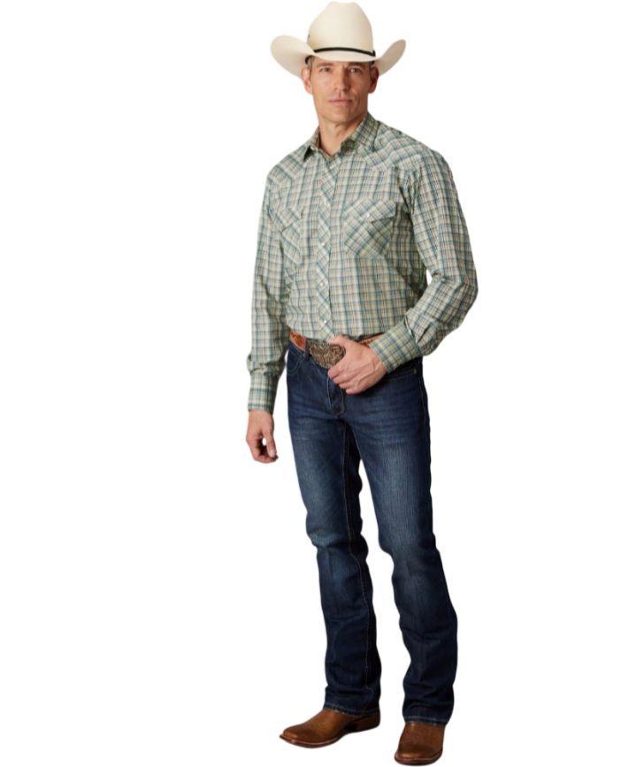 Camisa Roper 2075, de mezcla de algodón a cuadros color crema y verde azulado